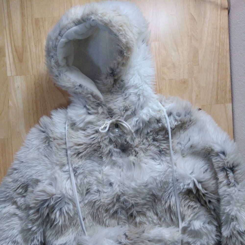 Vintage 70s Winter Fox Faux Fur Hooded Jacket Coat With Handwarmer
